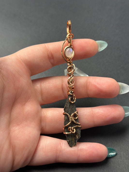 Handmade Kyanite x Moonstone Wire Wrapped Broom Pendant in Copper