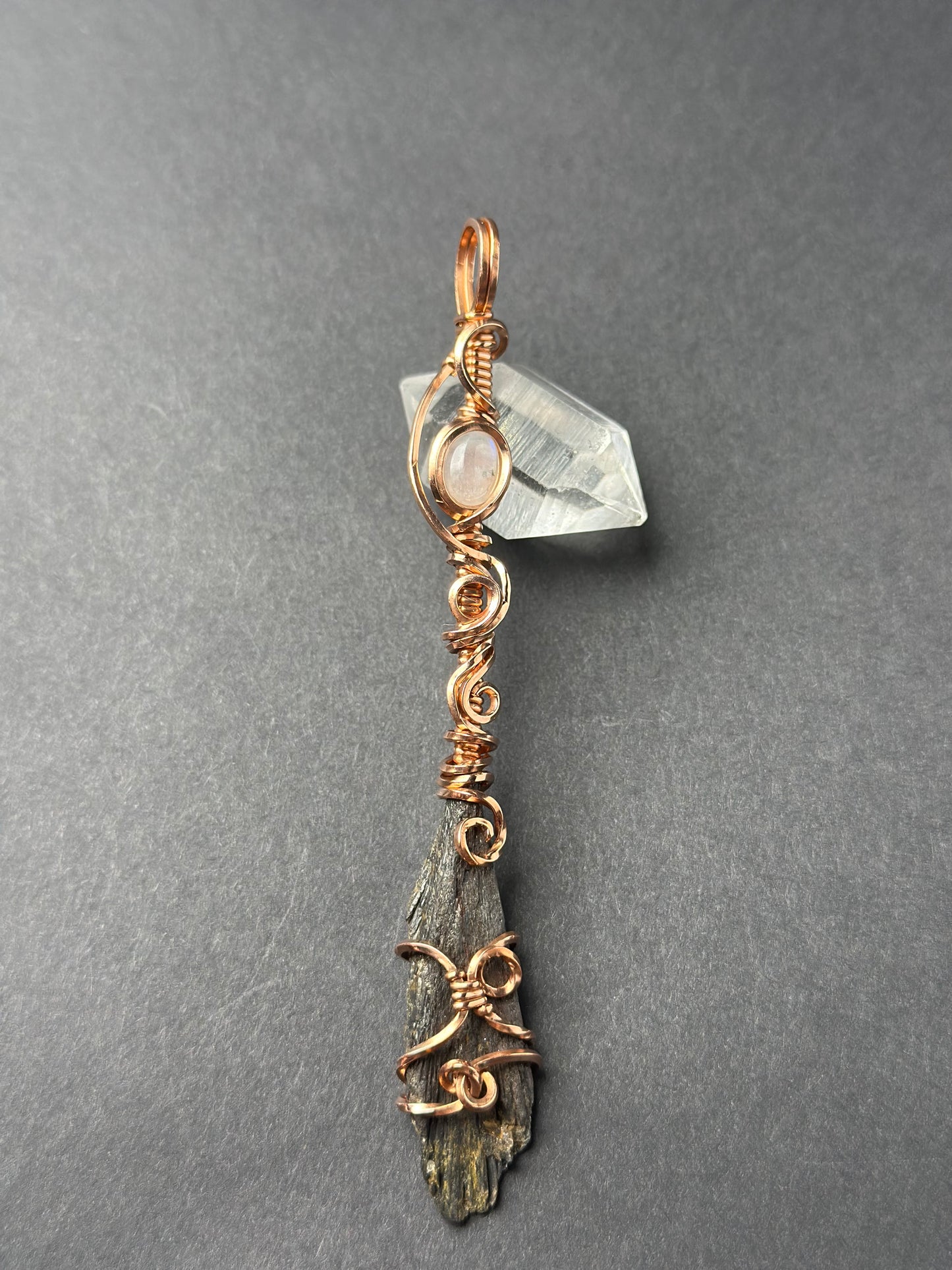 Handmade Kyanite x Moonstone Wire Wrapped Broom Pendant in Copper