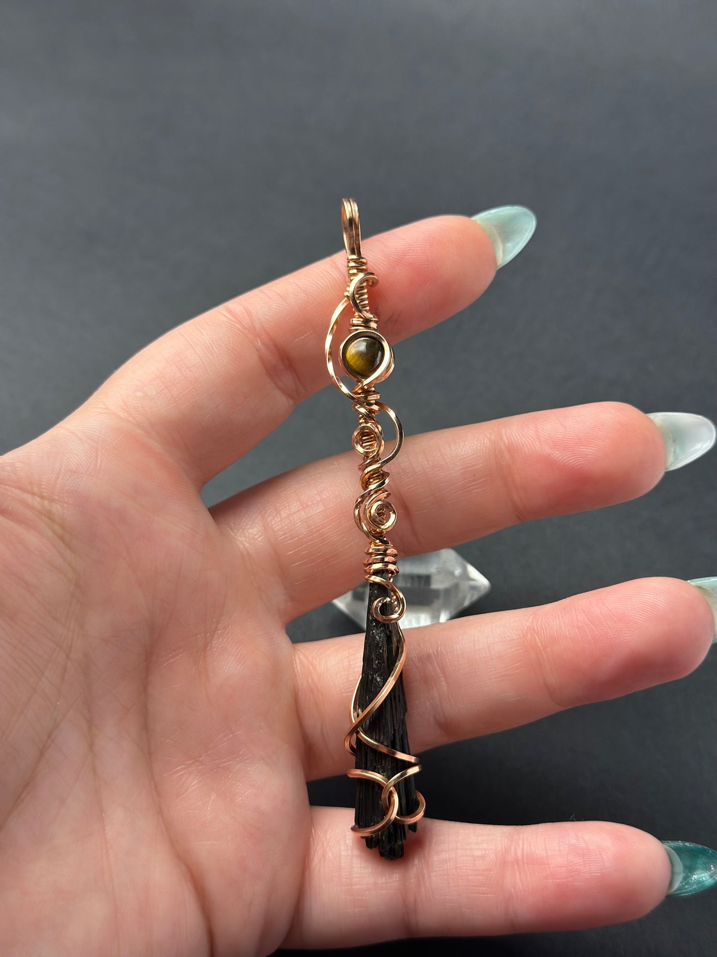 Handmade Kyanite x Tigerseye Wire Wrapped Pendant in Copper