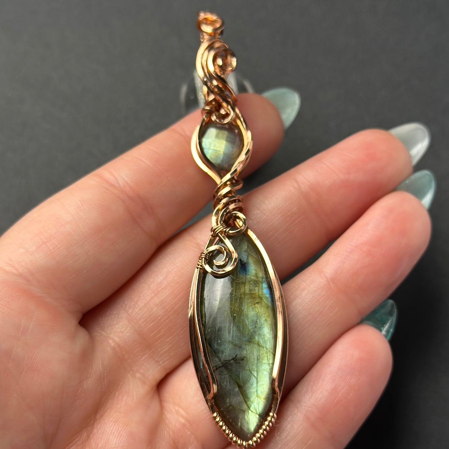 Handmade Double Labradorite Wire Wrapped Pendant in Copper
