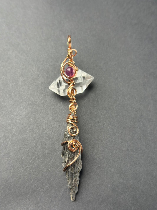 Handmade Kyanite x Fluorite Broom Wire Wrapped Pendant in Copper