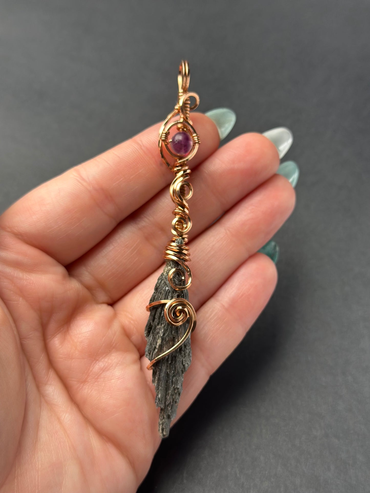Handmade Kyanite x Fluorite Broom Wire Wrapped Pendant in Copper