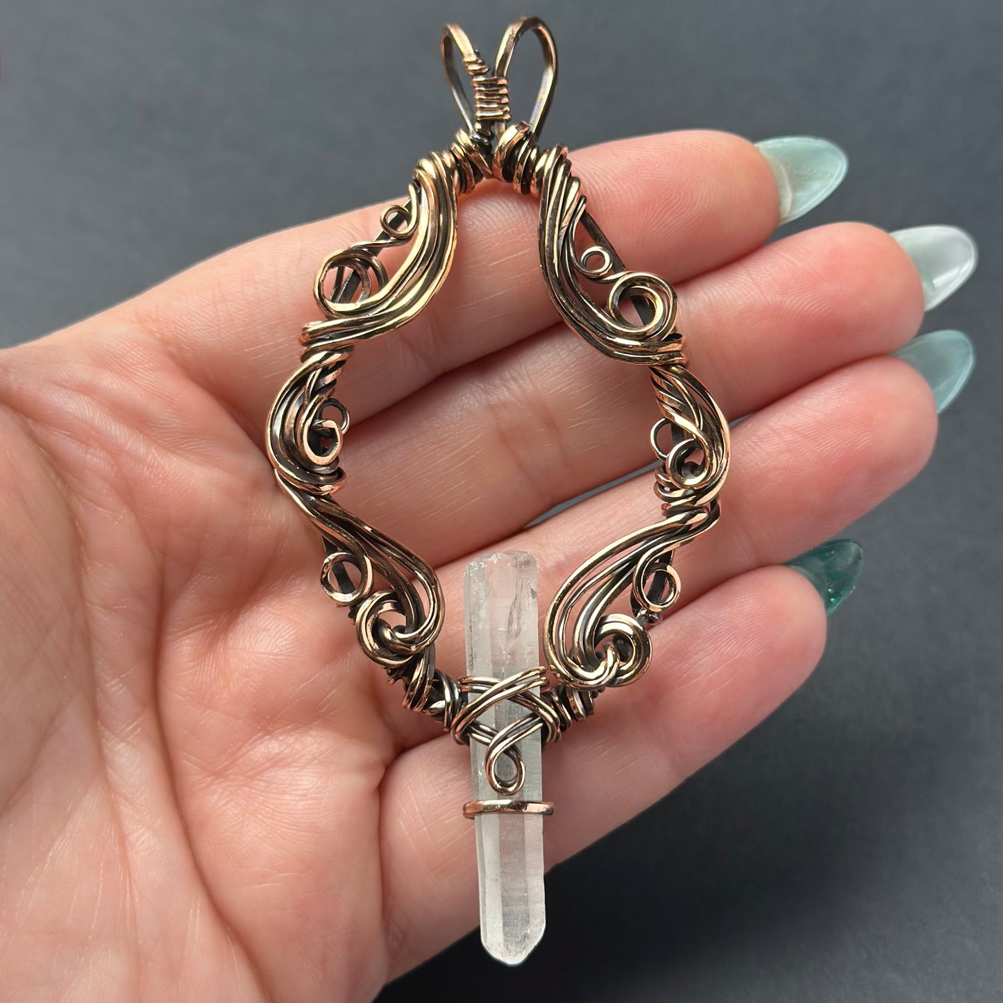 Handmade Quartz Point Wire Wrapped Pendant in Copper