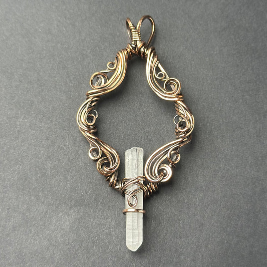 Handmade Quartz Point Wire Wrapped Pendant in Copper