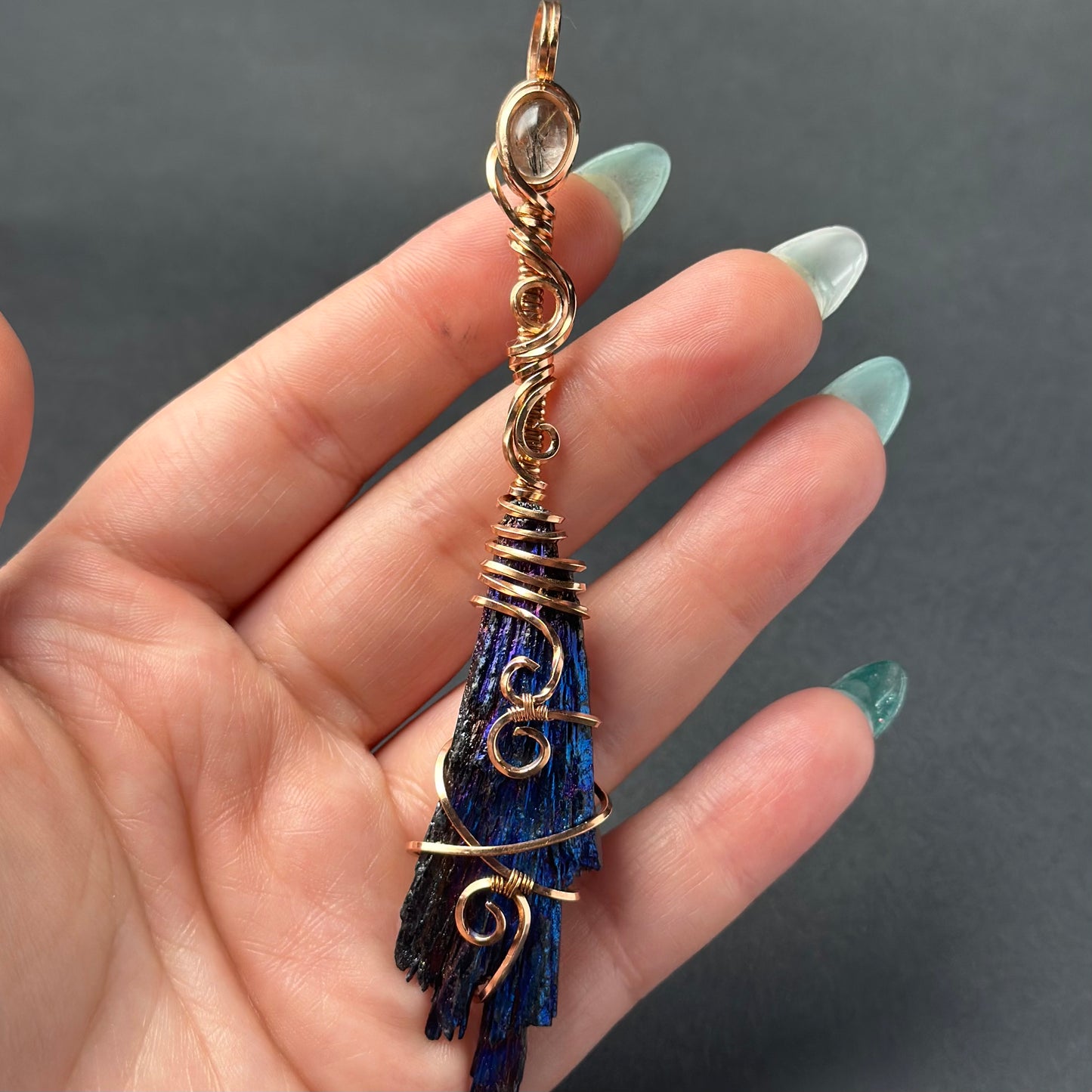 Handmade Kyanite w/ Rutile Quartz Wire Wrapped Pendant in Copper