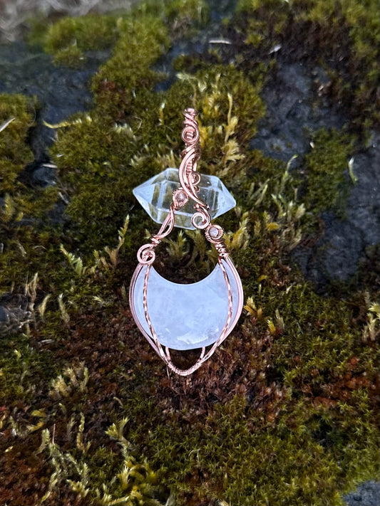 Handmade Quartz Moon Wire Wrapped Pendant in Copper