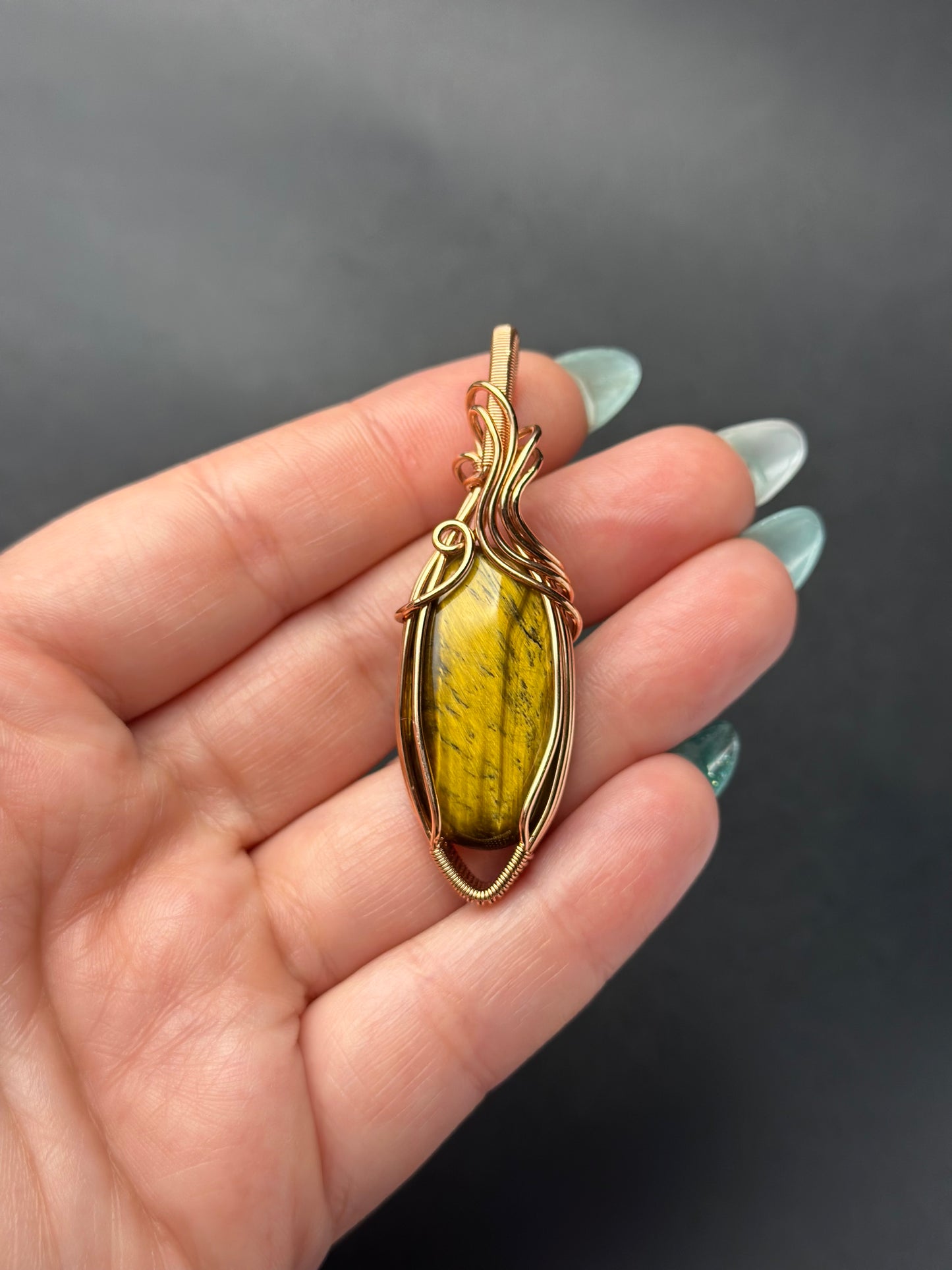 Handmade Tigerseye Wire Wrapped Pendant in Copper