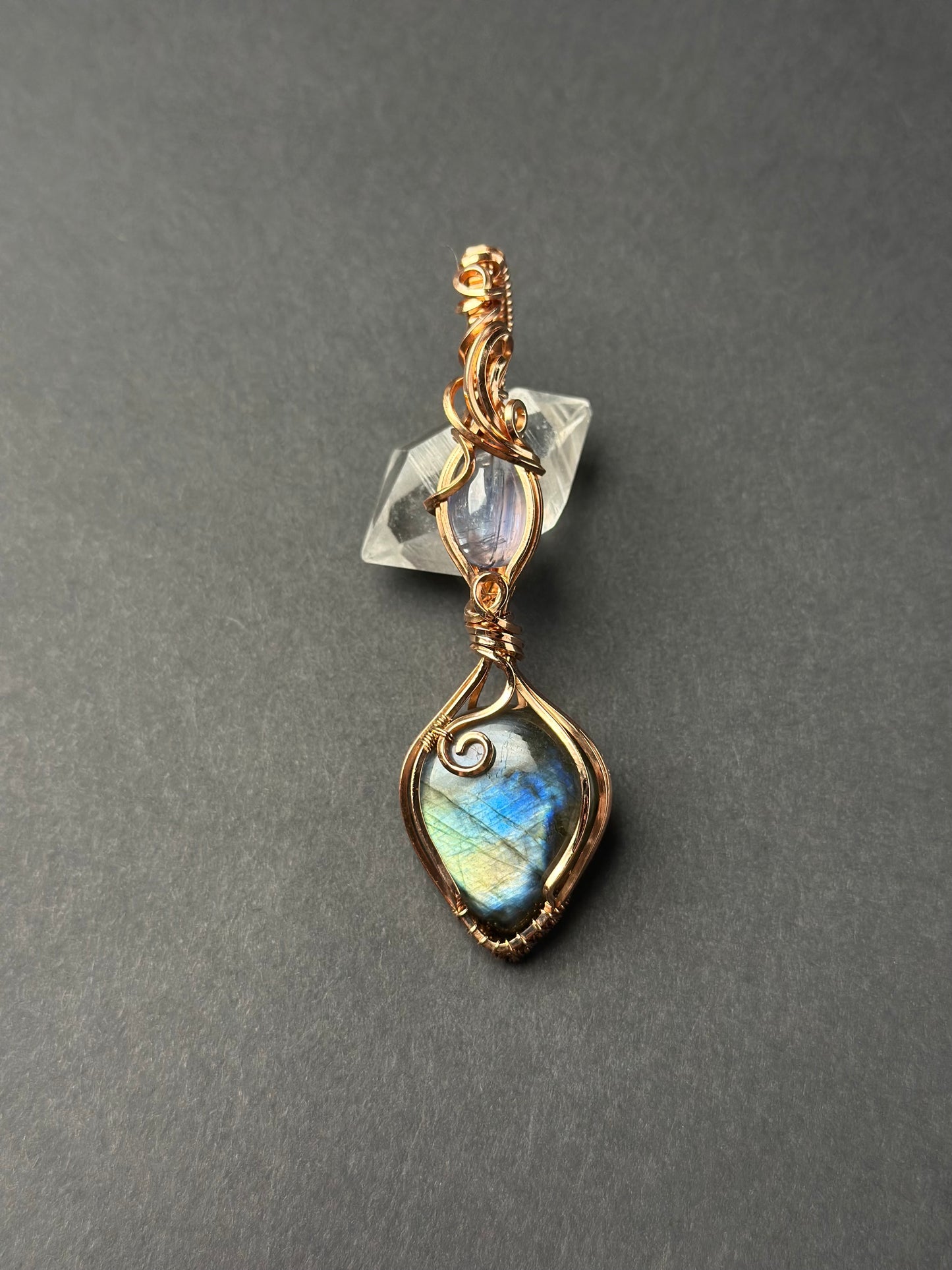 Handmade Labradorite x Kyanite Wire Wrapped Pendant in Copper