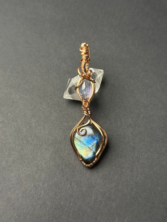 Handmade Labradorite x Kyanite Wire Wrapped Pendant in Copper