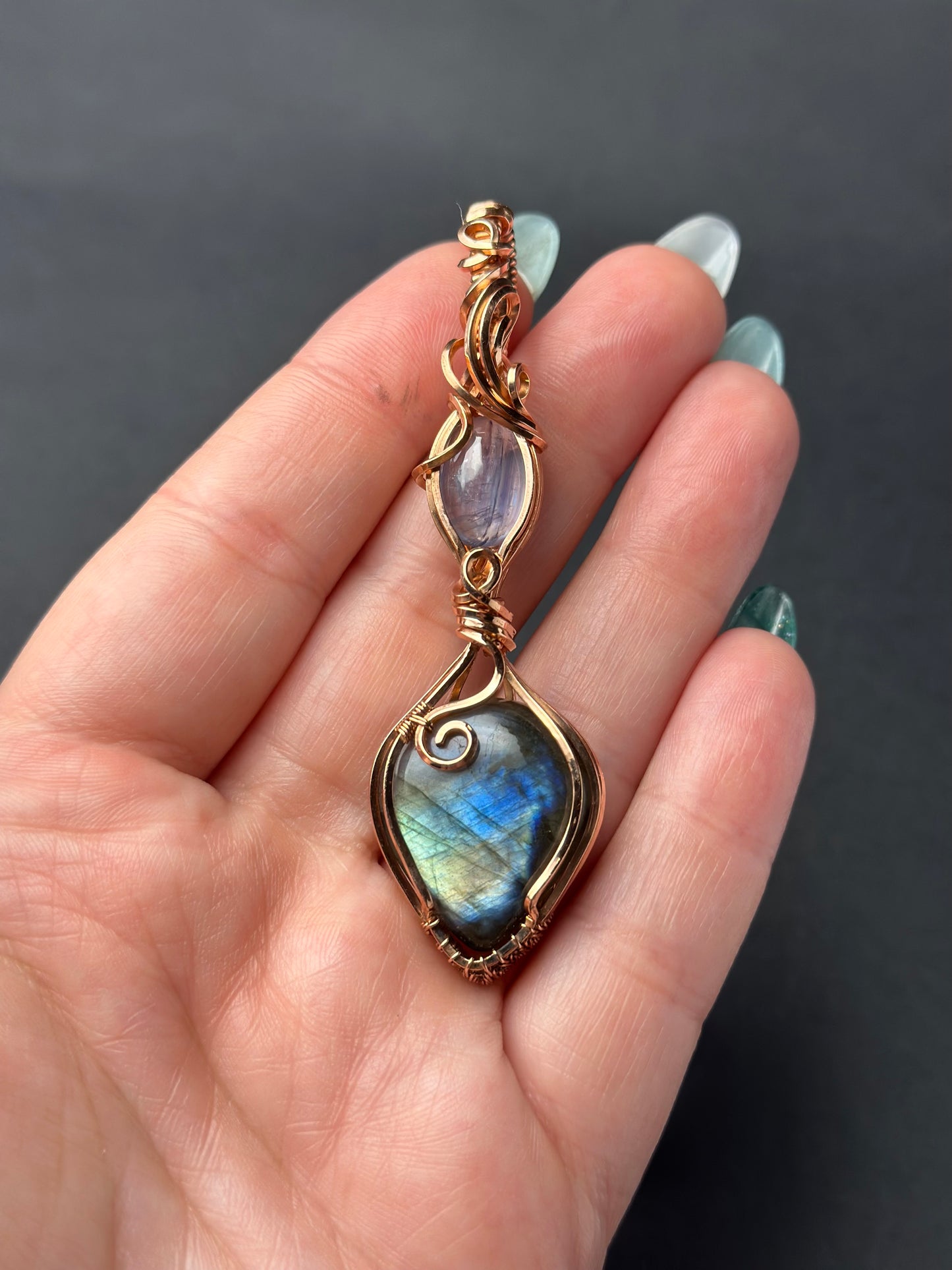Handmade Labradorite x Kyanite Wire Wrapped Pendant in Copper