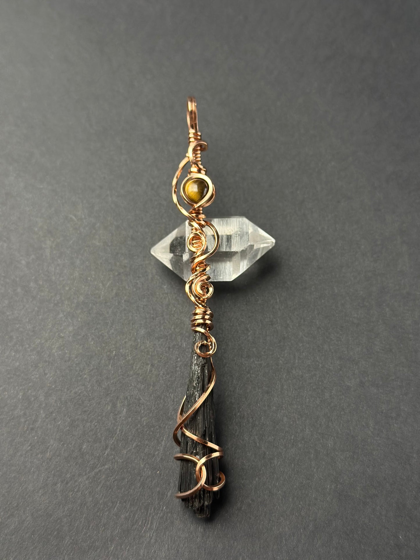 Handmade Kyanite x Tigerseye Wire Wrapped Pendant in Copper