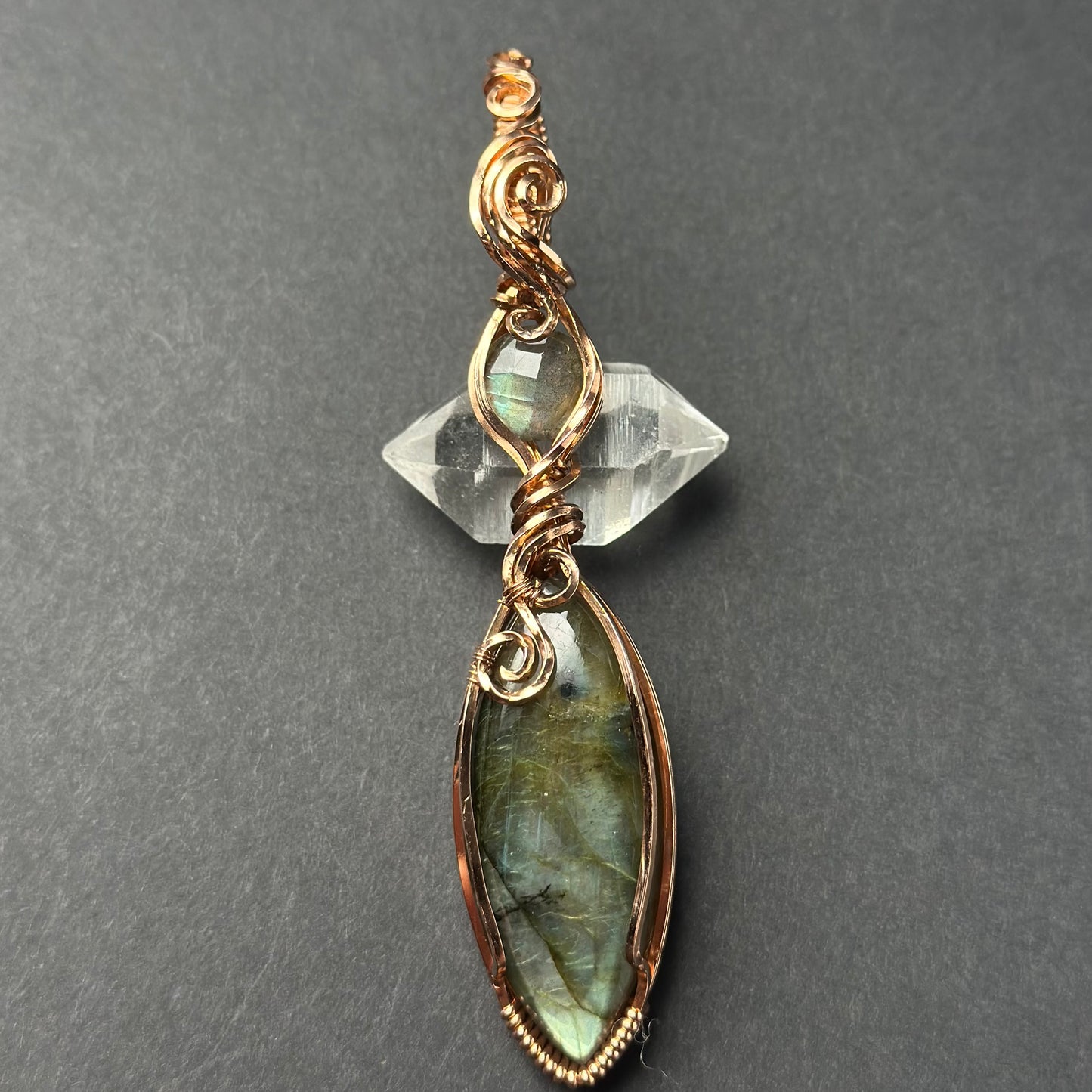 Handmade Double Labradorite Wire Wrapped Pendant in Copper