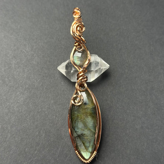 Handmade Double Labradorite Wire Wrapped Pendant in Copper