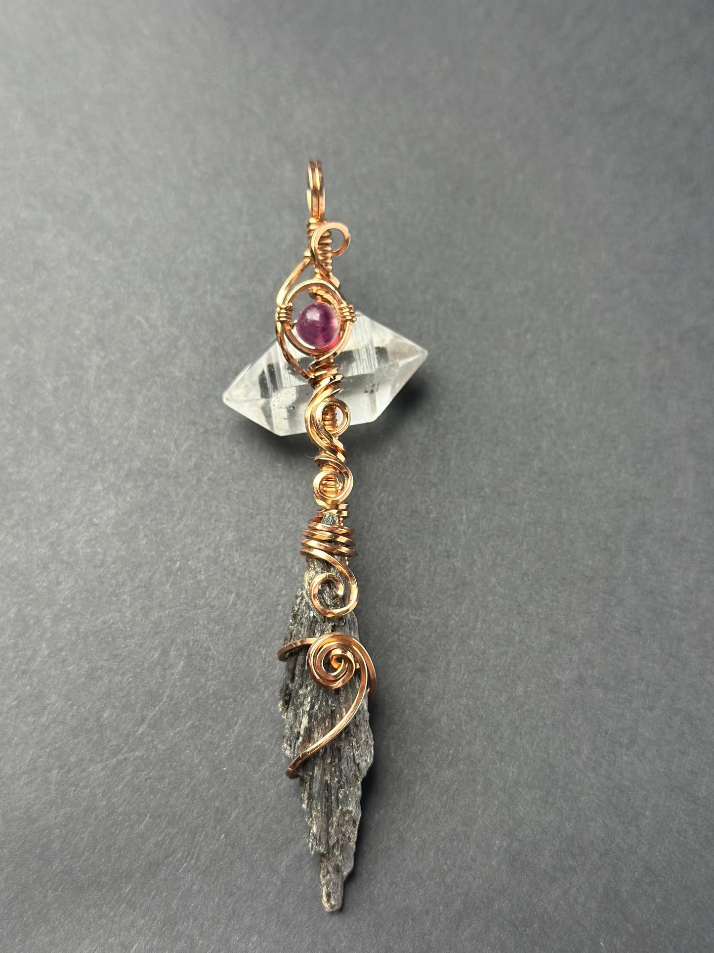 Handmade Kyanite x Fluorite Broom Wire Wrapped Pendant in Copper