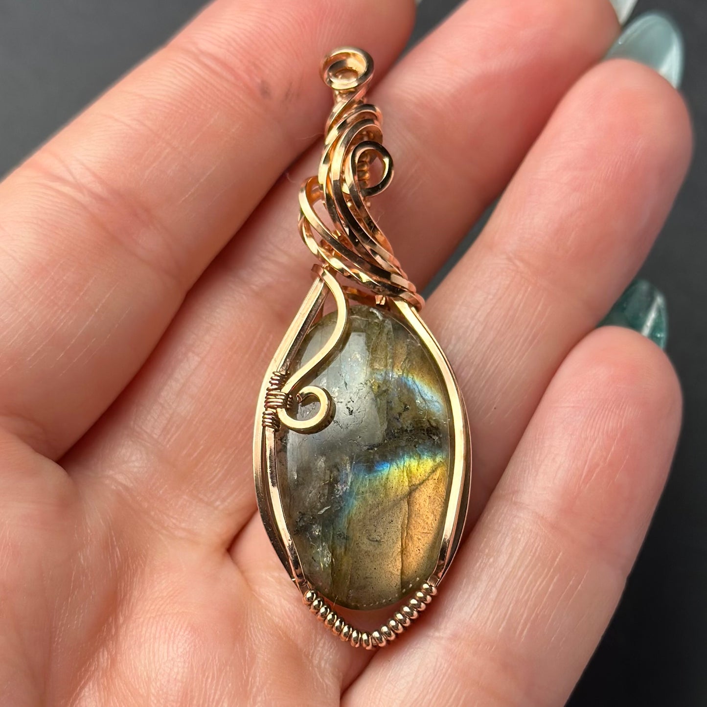 Handmade Labradorite Wire Wrapped Pendant in Copper