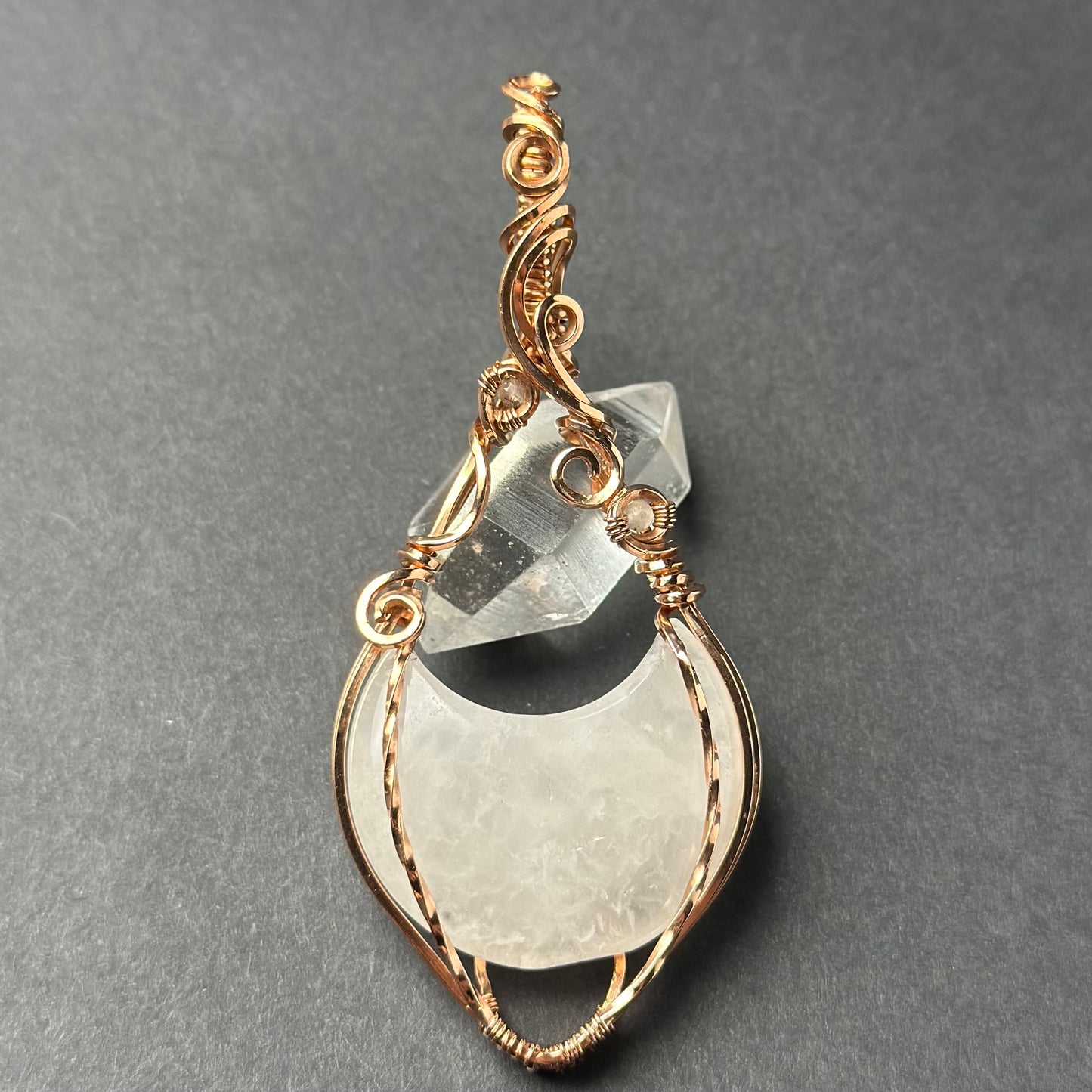 Handmade Quartz Moon Wire Wrapped Pendant in Copper
