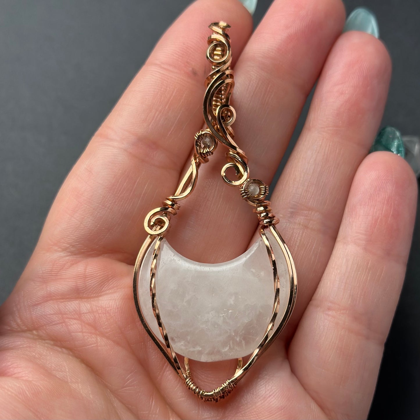 Handmade Quartz Moon Wire Wrapped Pendant in Copper