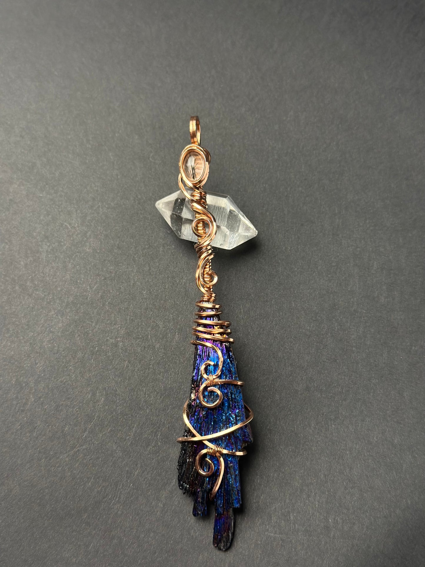 Handmade Kyanite w/ Rutile Quartz Wire Wrapped Pendant in Copper