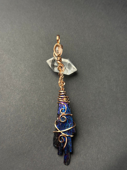 Handmade Kyanite w/ Rutile Quartz Wire Wrapped Pendant in Copper