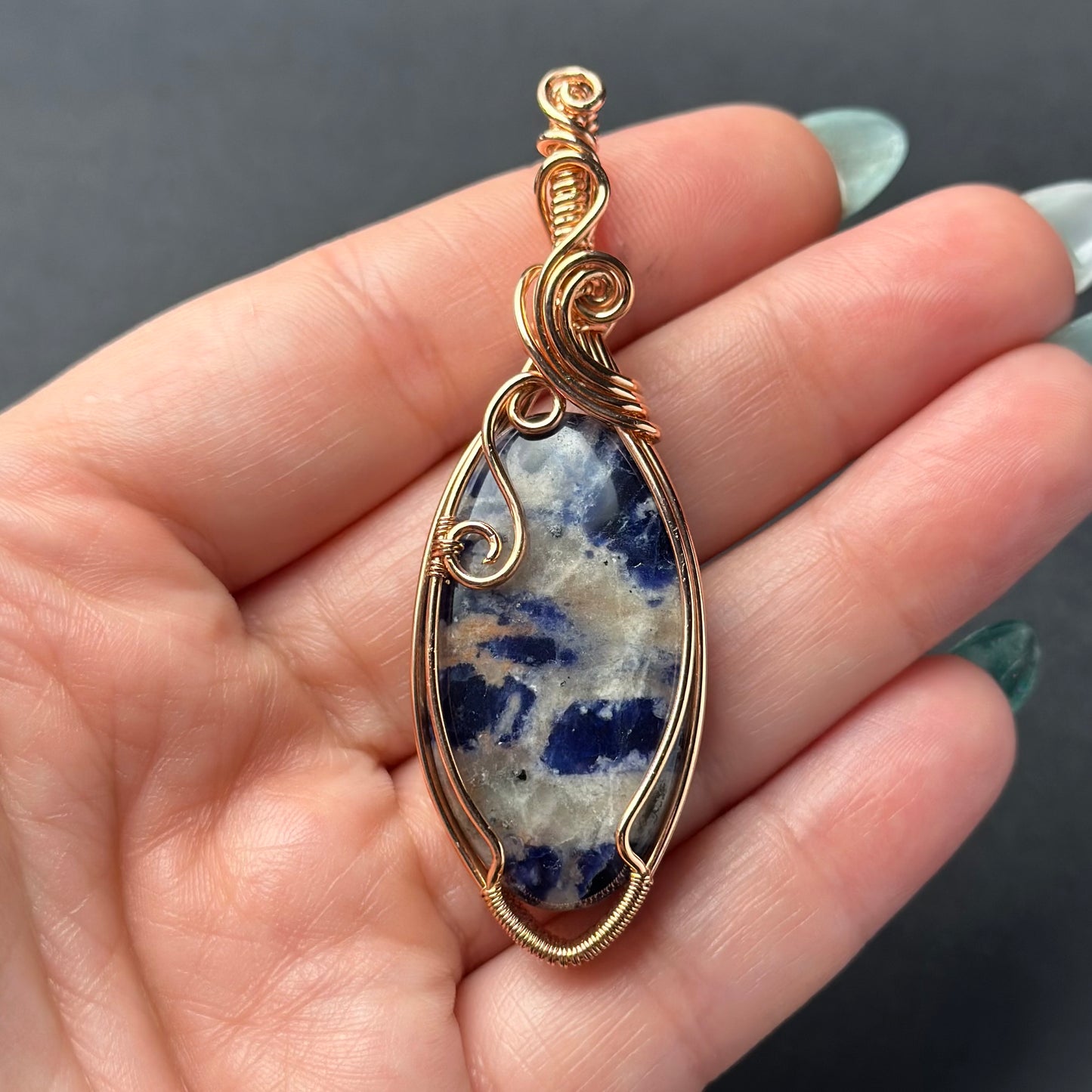 Handmade Sodalite Wire Wrapped Pendant in Copper