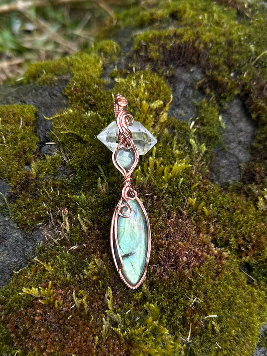 Handmade Double Labradorite Wire Wrapped Pendant in Copper