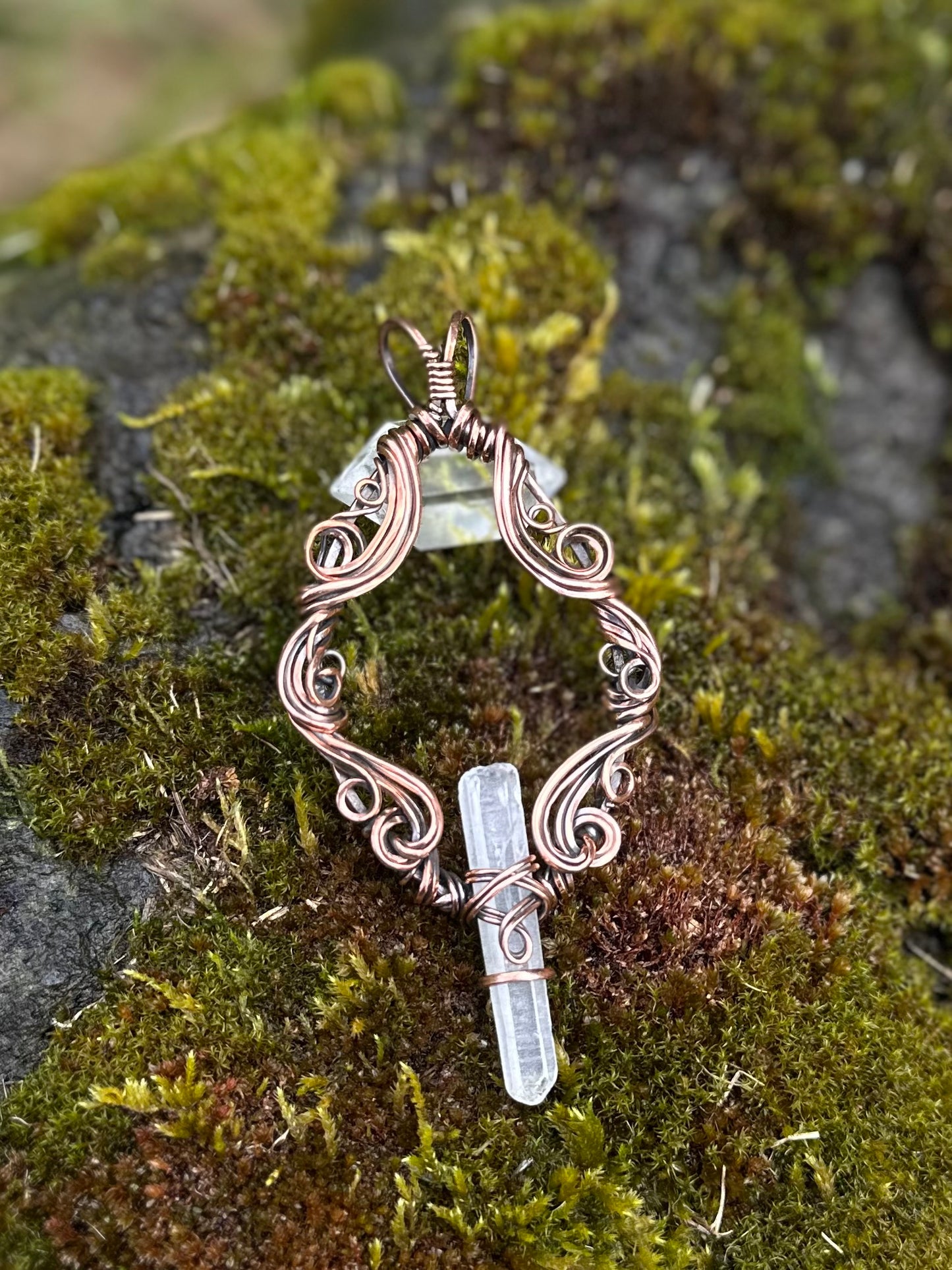 Handmade Quartz Point Wire Wrapped Pendant in Copper