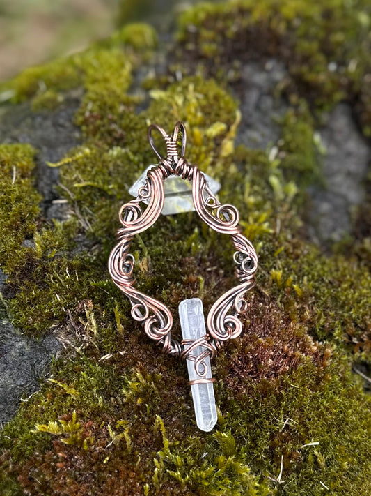 Handmade Quartz Point Wire Wrapped Pendant in Copper