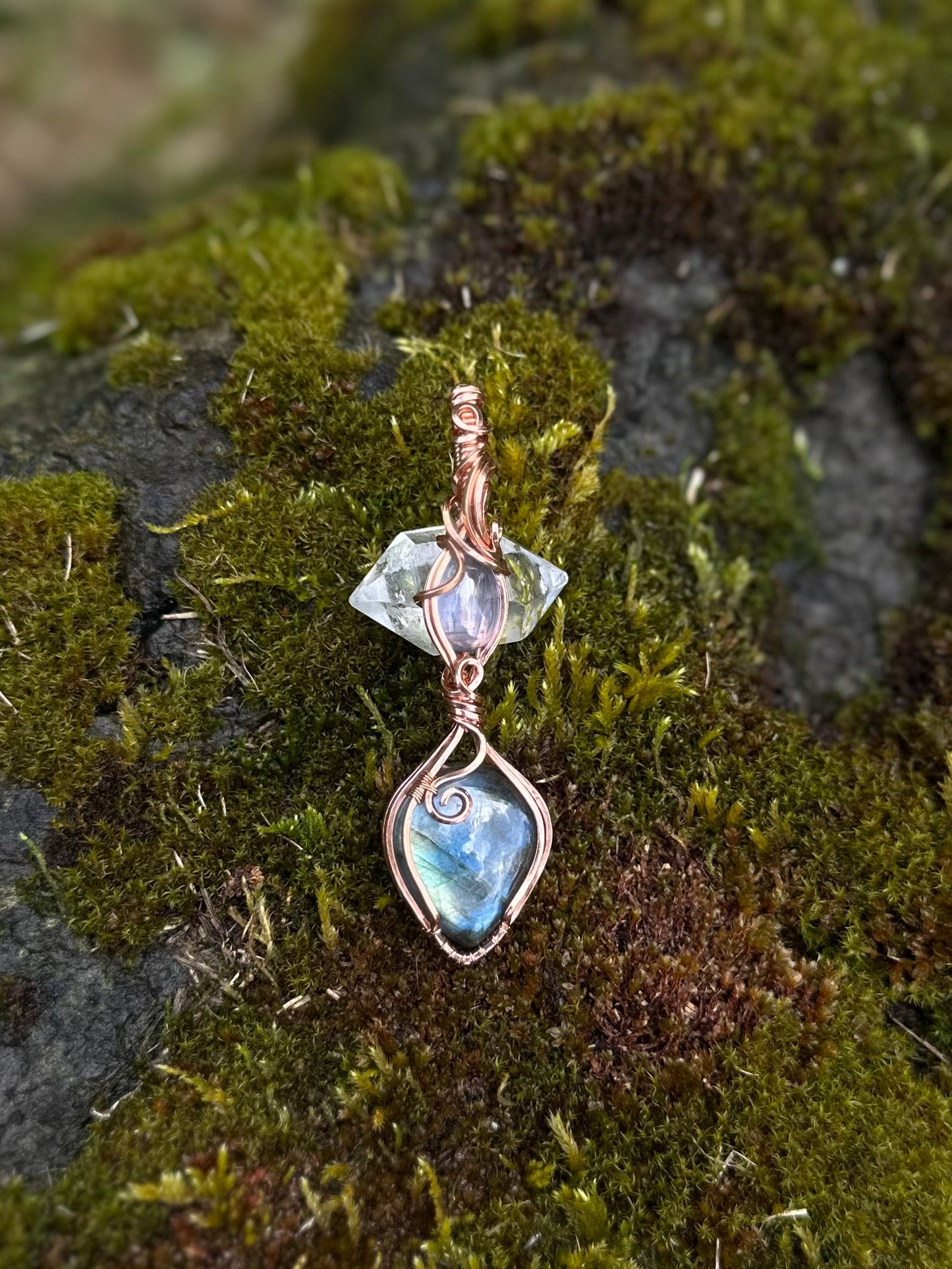 Handmade Labradorite x Kyanite Wire Wrapped Pendant in Copper