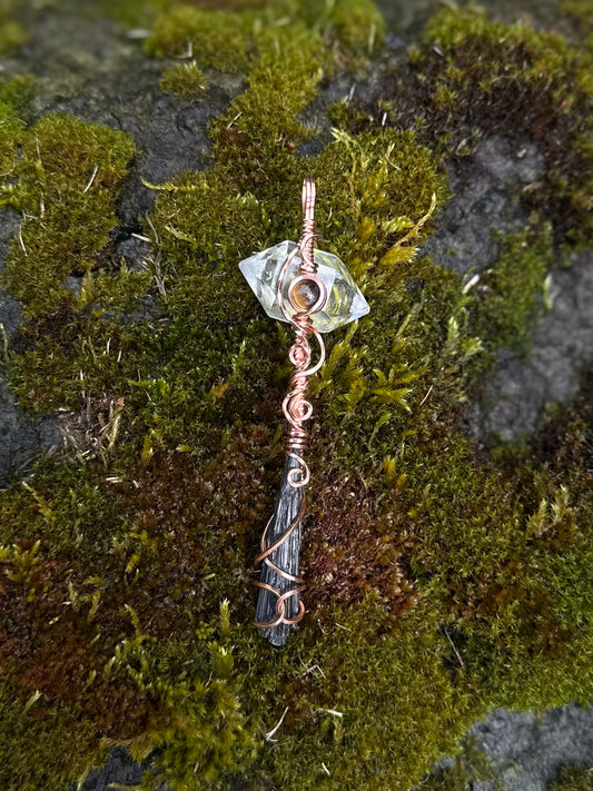 Handmade Kyanite x Tigerseye Wire Wrapped Pendant in Copper