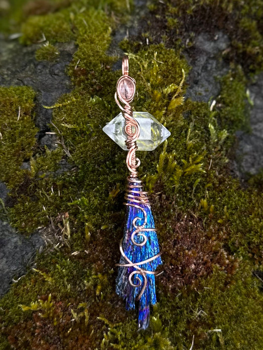Handmade Kyanite w/ Rutile Quartz Wire Wrapped Pendant in Copper
