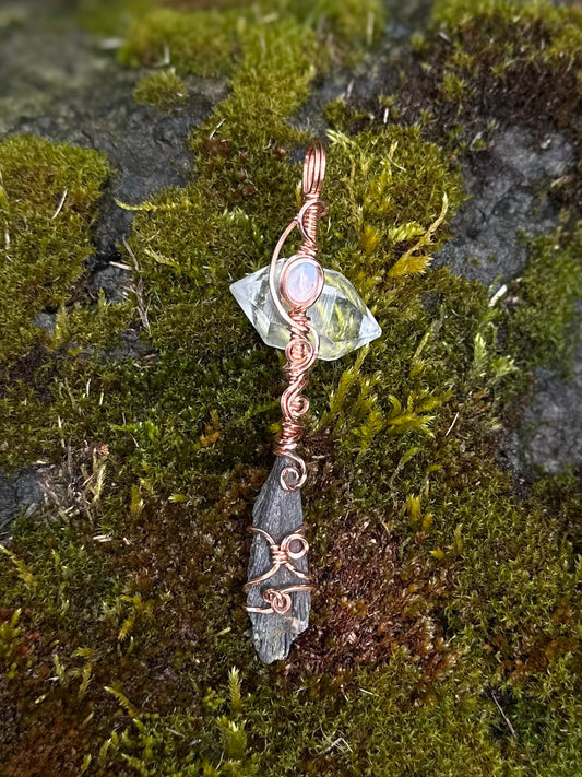 Handmade Kyanite x Moonstone Wire Wrapped Broom Pendant in Copper