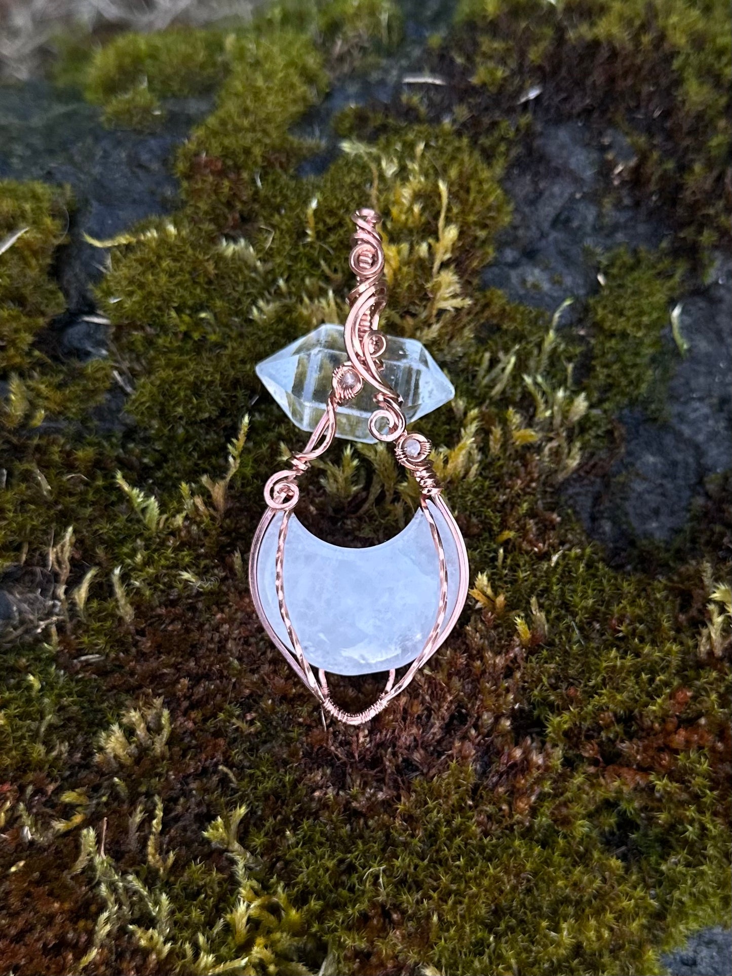 Handmade Quartz Moon Wire Wrapped Pendant in Copper