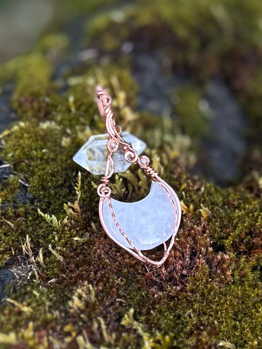 Handmade Quartz Moon Wire Wrapped Pendant in Copper