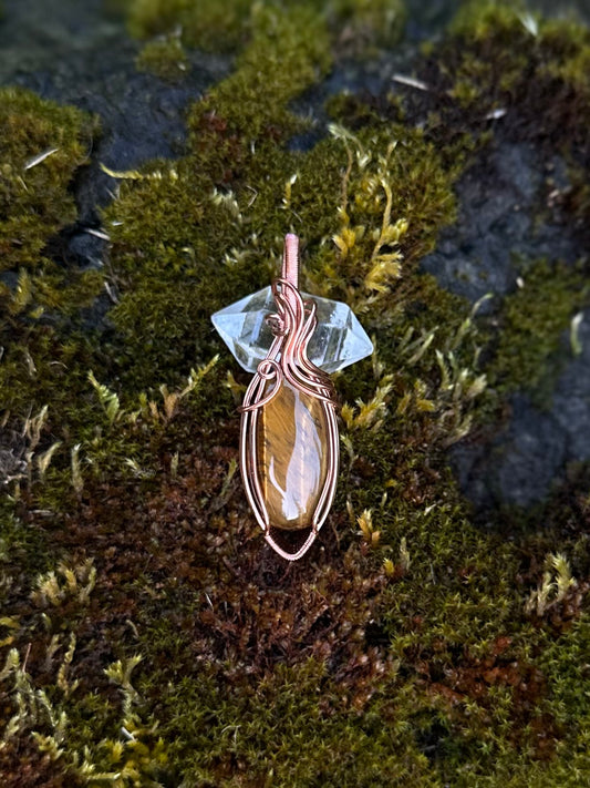 Handmade Tigerseye Wire Wrapped Pendant in Copper