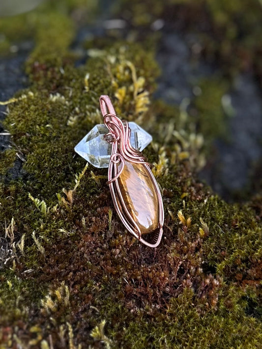 Handmade Tigerseye Wire Wrapped Pendant in Copper